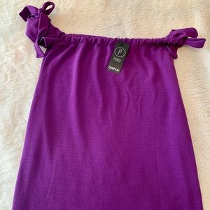 Boohoo off the shoulder petite purple dress